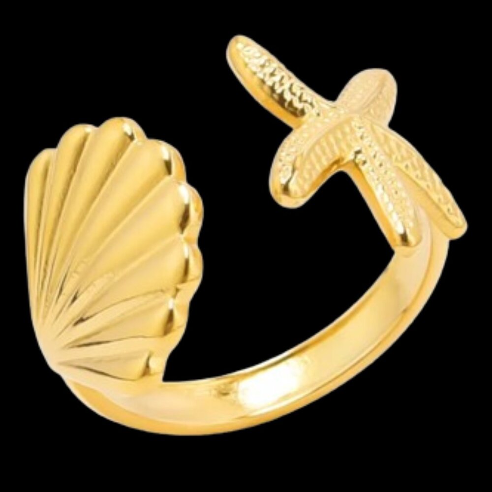 18kt Yellow Gold Plated Starfish and Shell Beachy Ring